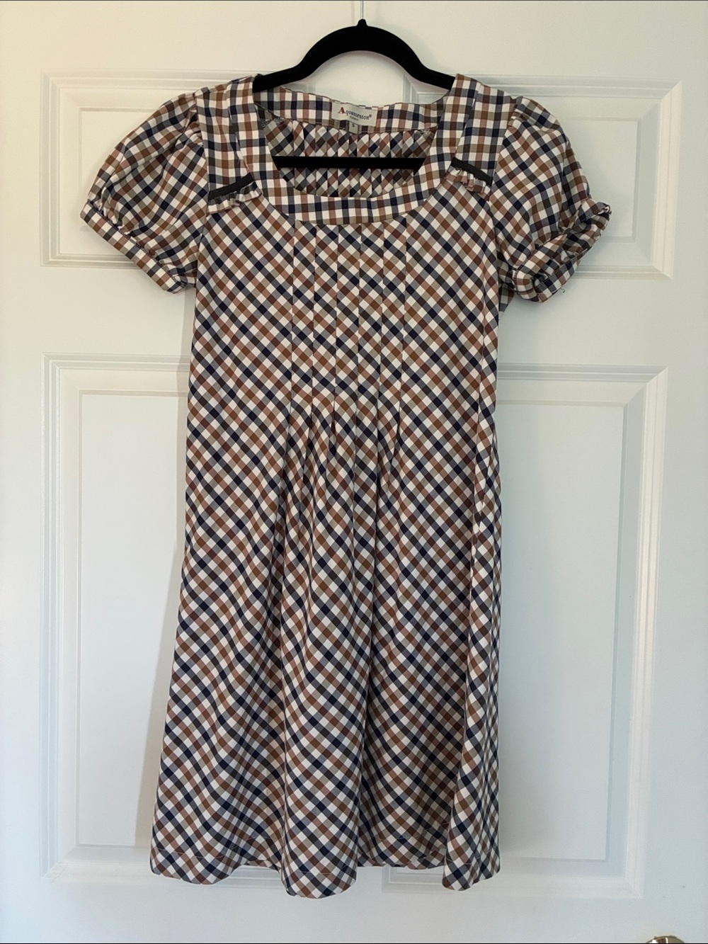 Boutique Women’s Plaid A-Line Square Neck Dress in Brown, Blue & Cream (S)